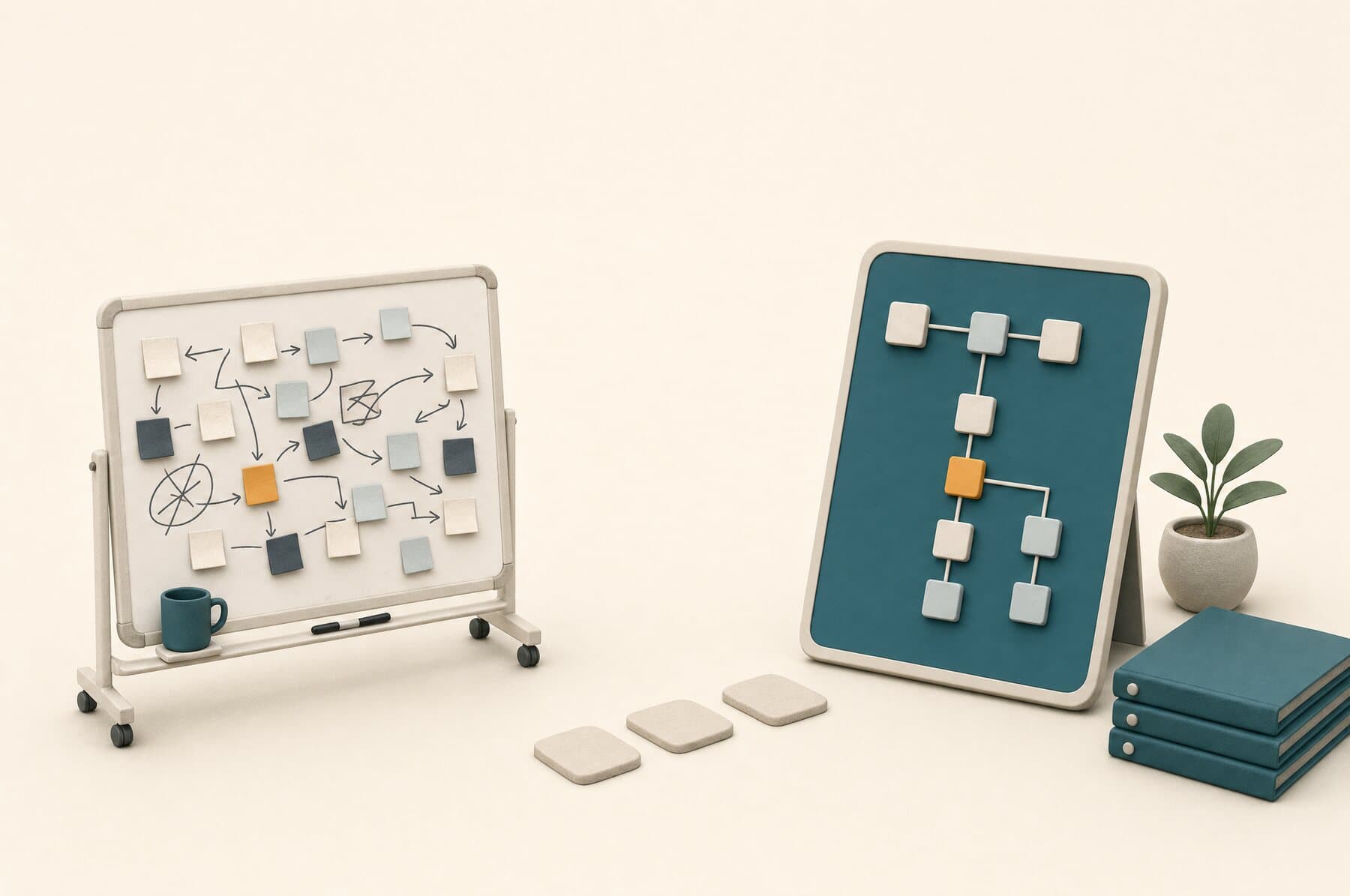 A whiteboard covered in sticky notes and arrows next to a tablet showing the same process as a tidy diagram